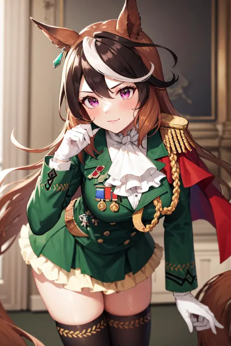 masterpiece, best quality, highres, hmsymbo, 1girl, animal ears, streaked hair, horse tail, white gloves, black thighhighs, white ascot, red cape, single epaulette, long sleeves, green jacket, frills, medal, jewelry, green skirt, buttons, <lora:symboli rudolf_v2:0.7>, leaning forward, :3,