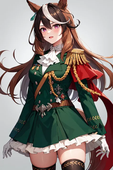 masterpiece, best quality, highres, hmsymbo, 1girl, animal ears, streaked hair, horse tail, white gloves, black thighhighs, white ascot, red cape, single epaulette, long sleeves, green jacket, frills, medal, jewelry, green skirt, buttons, <lora:symboli rudolf_v2:0.7>, cowboy shot, standing,