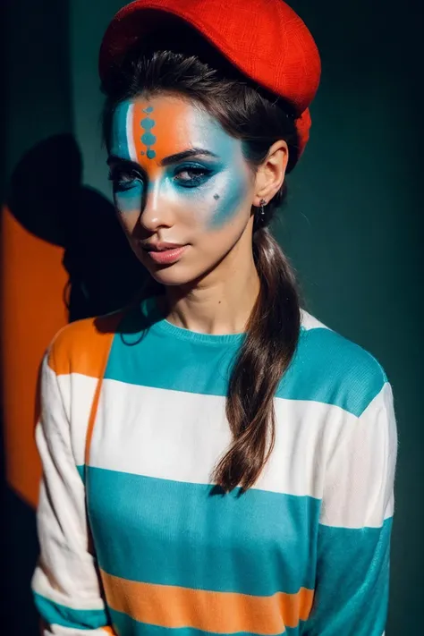 <lora:Vika_Skladchikova_v2:0.9> A woman with her face painted in different colors, in the style of intense lighting and shadow, bold graphic lines, color stripes, polished metamorphosis, orange and blue, skillful lighting, precision painting