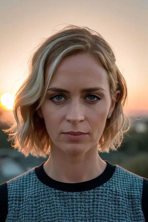 portrait of skswoman, withdrawn , wearing embroidered , with Blunt haircut , background sunset, epic (photo, studio lighting, hard light, sony a7, 50 mm, matte skin, pores, colors, hyperdetailed, hyperrealistic), <lyco:Emily Blunt:1.0>