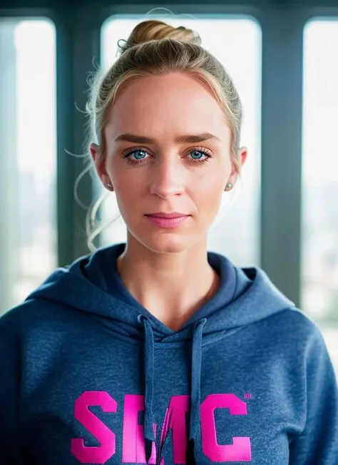 portrait of skswoman, happy , wearing sweatshirt , with Updo , background city, epic (photo, studio lighting, hard light, sony a7, 50 mm, matte skin, pores, colors, hyperdetailed, hyperrealistic), <lyco:Emily Blunt:1.0>
