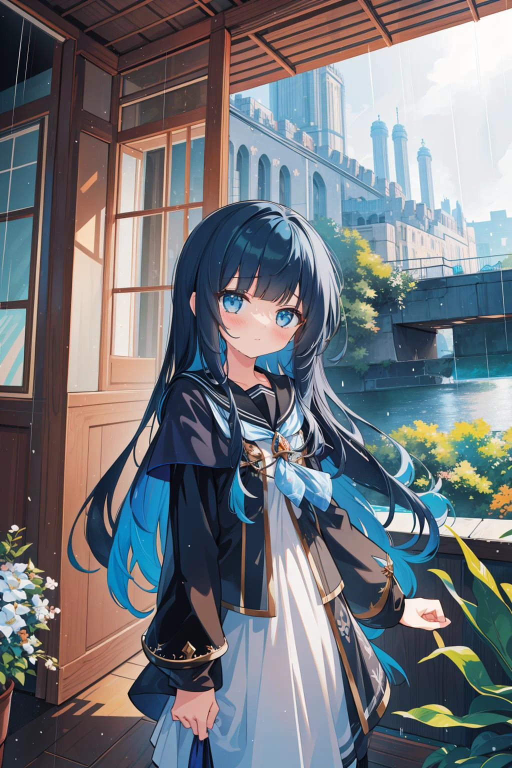 1girl, (art by Leon Kossoff:1.0) and (Sebastiano del Piombo:0.7) , expressionism art, dark Octane render, cozy, landscape of a Visual Epic ([Westeros|Seoul]:1.3) from inside of a Floating hotel, lush grass with Jasmine, Raining, Visual novel, Sad, Gloomcore, waning light, 80mm, Fujicolor, Soutache, Iridescent palette, UHD, 64K