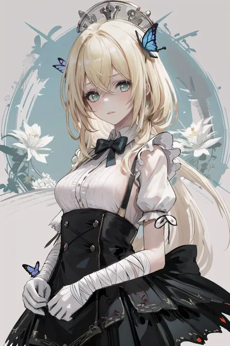 (masterpiece),best quality,portrait,upper_body,1girl,solo,blonde hair,long hair,dress,butterfly hair ornament,bandages,bowtie,striped bow,hair between eyes,puffy sleeves,apron,striped,short sleeves,pantyhose,bandaged arm,alice \(alice in wonderland\),