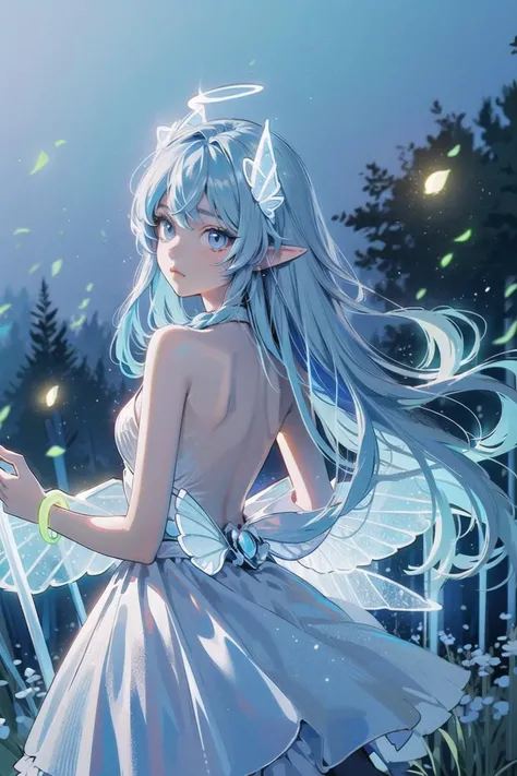 masterpiece,best quality,(cowboy shot:1.3), (blue hair), (blue gradient hair),bare skin, fairy, (transparent fairy wings), blue skin, pixie ears, (in the enchanted forest:1.3), (blue neon trees), (night), (neon fireflies), glowing dust, white particles in the air,