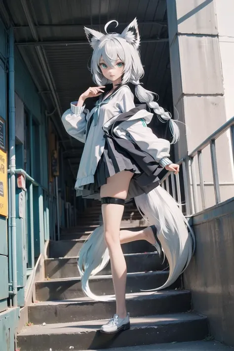 (masterpiece),best quality,from_side,Dark environment,sittingï¼Stand on one foot,Stand against the wall,One knee up,Lift one foot,Put foot against the opposite wall,1girl,shirakami fubuki,virtual youtuber,animal ears,fox ears,fox girl,white hair,fox tail,jacket,thigh strap,long hair,ahoge,bangs,braid,fur trim,green eyes,hair between eyes,stairs,sidelocks,looking at viewer,