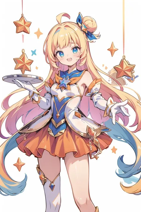 (masterpiece),best quality,<lora:StarGuardian_Sera_Ori-000015:0.75>,star guardian seraphine,blonde hair,orange hair,multicolored hair,multicolored clothes,dress,hair bow,detached sleeves,magical girl,star guardian orianna,blue hair,hair bun,ballerina,short dress,white gloves,