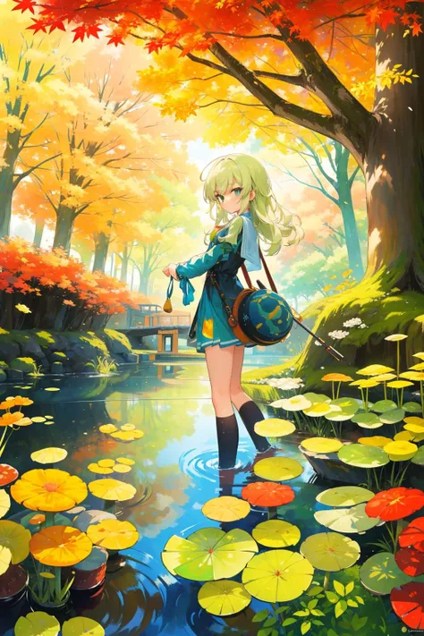 Duck, girl with long hair, forest, waterside