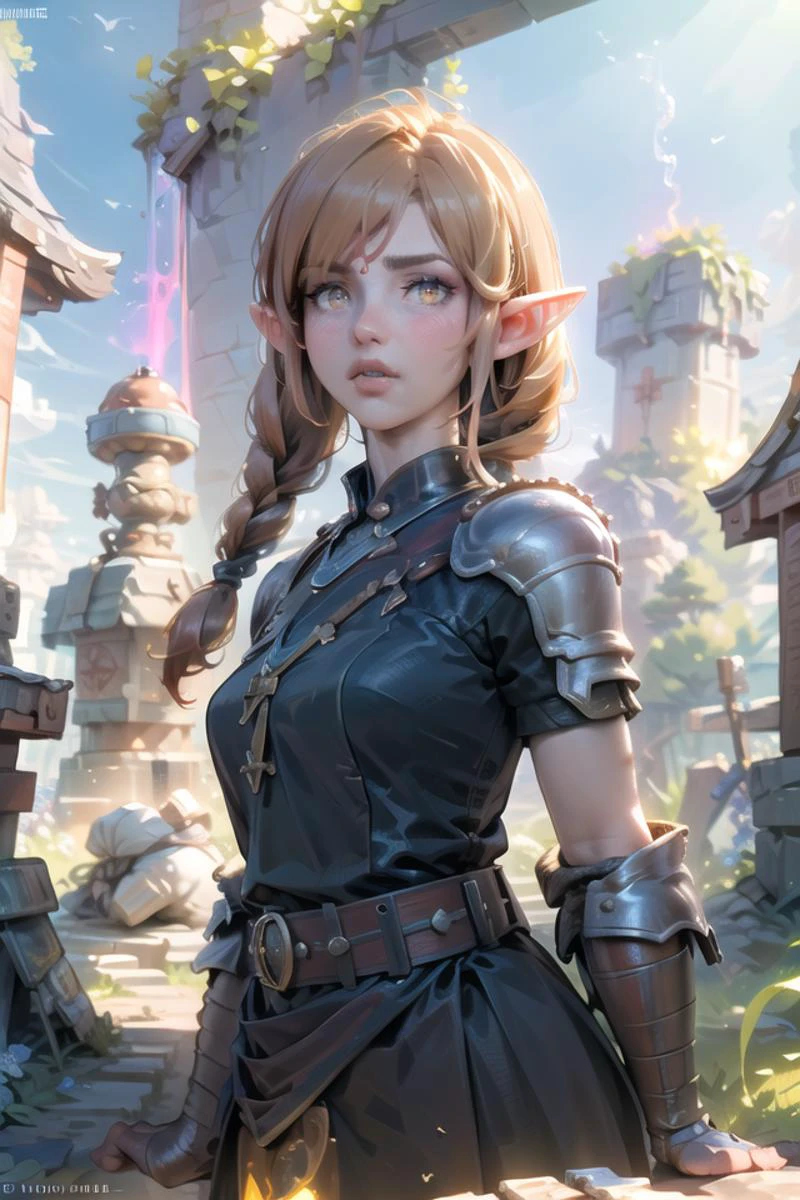 ultra detailed 8k cg, ultra realistic, masterpiece, (best quality), (detailed), very high resolution, highres, absurd res, high rating, cinematic lighting, cinematic bloom, (dynamic lighting:1.15), (dramatic lighting), (rim lighting), (volumetric lighting:1.5), (best shadow),(amazing shaders:1.2), (depth of field), (sharp focus:1.15), upper body, professional photography, cute, feminine, detailed body, (detailed face:1.1), (outlined iris), (perfect eyes), large_breast, ((((adventurer clothes)))), (((( multi-tied hair, mahogany hair, yellow eyes, elf ears)))), (((( on a mound with geyser all around, in front of a little shrine, beautiful landscape)))), <lora:TheSabu-Style-A1:1> sabucartoon <lora:èèBlueRPG游æç»é£:0.4>