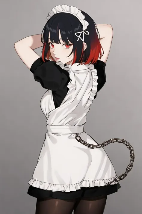 1girl, red eyes, solo, black hair, breasts, maid headdress, pantyhose, looking at viewer, multicolored hair, short sleeves, maid, gradient, red hair, dress, gradient background, ass, gloves, bangs, tail, short hair, frills, belt, argyle legwear, puffy sleeves, chain, apron, arms up, two-tone hair, large breasts, arms behind head, grey background, black dress, puffy short sleeves, maid apron, cowboy shot, black pantyhose, argyle, hair ornament, frilled dress, standing, looking back, streaked hair, medium breasts, simple background