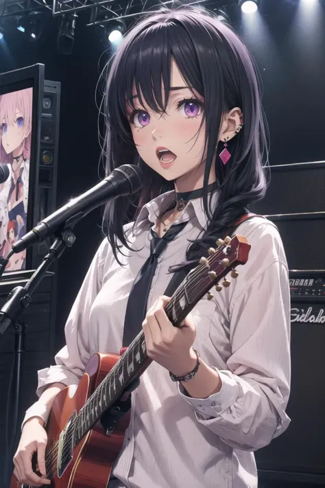 (masterpiece),best quality,anime screencap,anime coloring,anime style,1girl,music,instrument,solo,black hair,open mouth,sweat,microphone,guitar,necktie,singing,choker,shirt,makeup,jewelry,earrings,long hair,pink eyes,purple eyes,electric guitar,holding,jacket,white shirt,playing instrument,collared shirt,piercing,collar,black choker,looking at viewer,