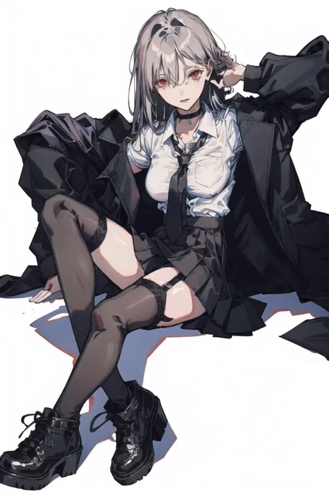 (masterpiece),best quality,1girl, solo, breasts, shirt, thighhighs, skirt, long hair, garter straps, white shirt, choker, necktie, pleated skirt, red eyes, black skirt, large breasts, white background, miniskirt, black footwear, black choker, simple background,