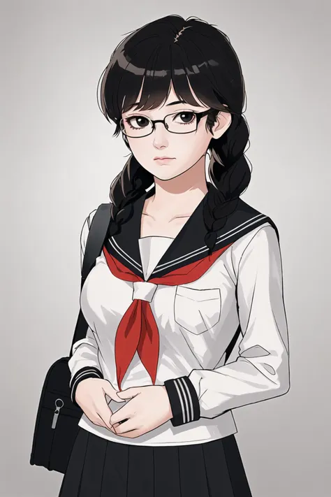 1girl,solo,glasses,school uniform,braid,black hair,bag,twin braids,serafuku,long hair,breasts,school bag,neckerchief,black-framed eyewear,black eyes,red neckerchief,white background,looking at viewer,jimiko,simple background,closed mouth,upper body,bangs,collarbone,long sleeves,large breasts,sailor collar,black serafuku,hand in pocket,hair over shoulder,shoulder bag,pocket,shirt,skirt,gradient background,black sailor collar,gradient,