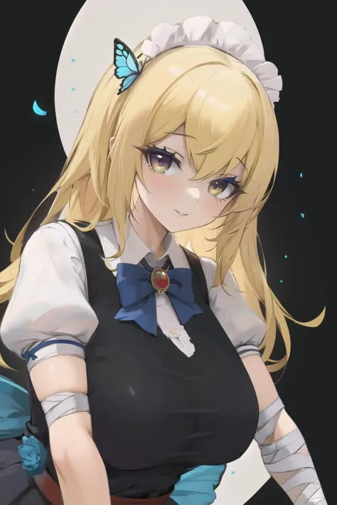 (masterpiece),best quality,portrait,upper_body,1girl,solo,blonde hair,long hair,dress,butterfly hair ornament,bandages,bowtie,striped bow,hair between eyes,puffy sleeves,apron,striped,short sleeves,pantyhose,bandaged arm,alice \(alice in wonderland\),