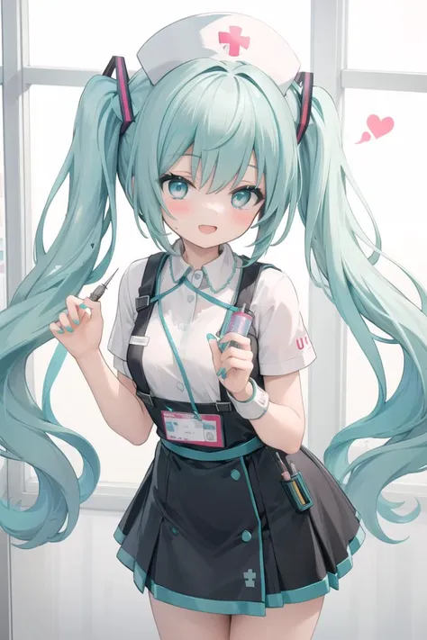 (masterpiece),best quality,1girl,solo,hatsune miku,nurse,twintails,syringe,hat,long hair,aqua hair,nurse cap,blush,open mouth,smile,aqua eyes,nail polish,heart