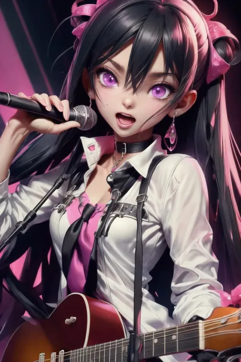 (masterpiece),best quality,anime screencap,anime coloring,anime style,1girl,music,instrument,solo,black hair,open mouth,sweat,microphone,guitar,necktie,singing,choker,shirt,makeup,jewelry,earrings,long hair,pink eyes,purple eyes,electric guitar,holding,jacket,white shirt,playing instrument,collared shirt,piercing,collar,black choker,looking at viewer,