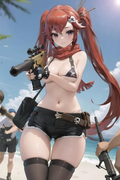 (masterpiece),best quality,yoko littner,belt,swimsuit,1girl,shorts,bikini,navel,bikini top only,red hair,skull hair ornament,hair ornament,cosplay,scarf,short shorts,weapon,gun,blurry,gloves,solo focus,holding,cowboy shot,looking at viewer,sniper rifle,aiming,thighhighs,fingerless gloves,rifle,lips,outdoors,depth of field,day,hair stick,asymmetrical gloves,black shorts,blurry background,thigh gap,parted lips,long hair,holding weapon,midriff,studded belt,standing,