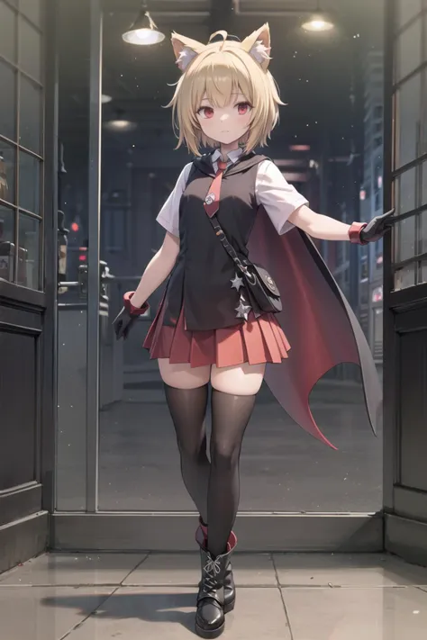 masterpiece,best quality,<lora:sora_v4NAI-000012:0.75>,sora,red eyes,white shirt,red necktie,pleated skirt,red skirt,black dress,black vest,black gloves,cape,white thighhighs,white footwear,lace-up boots,