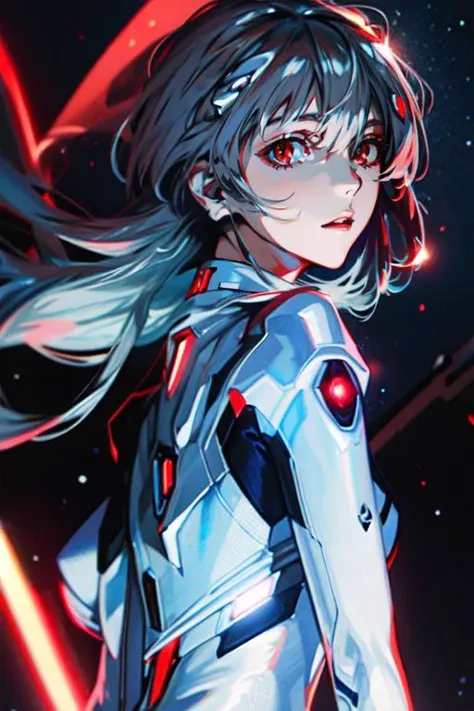 highly insanely detailed, masterpiece, top quality, best quality, highres, 4k, 8k, RAW photo, (very aesthetic, beautiful and aesthetic), 1girl, brown eyes, looking at viewer, parted lips, 
upper body, 
expressionless, 
long_hair, starry_sky, bodysuit, ayanami_rei, solo, night_sky, red_eyes, breasts, white_bodysuit, pilot_suit, bangs, light_particles, interface_headset, 
<lora:Hamabe Minami_v10:0.5>