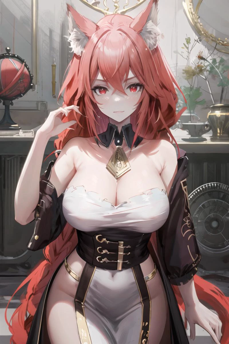 (masterpiece),best quality,<lora:Flay V1:0.55>,flay_strongest,long hair,wolf ears,wolf girl,red eyes,large breasts,red hair,