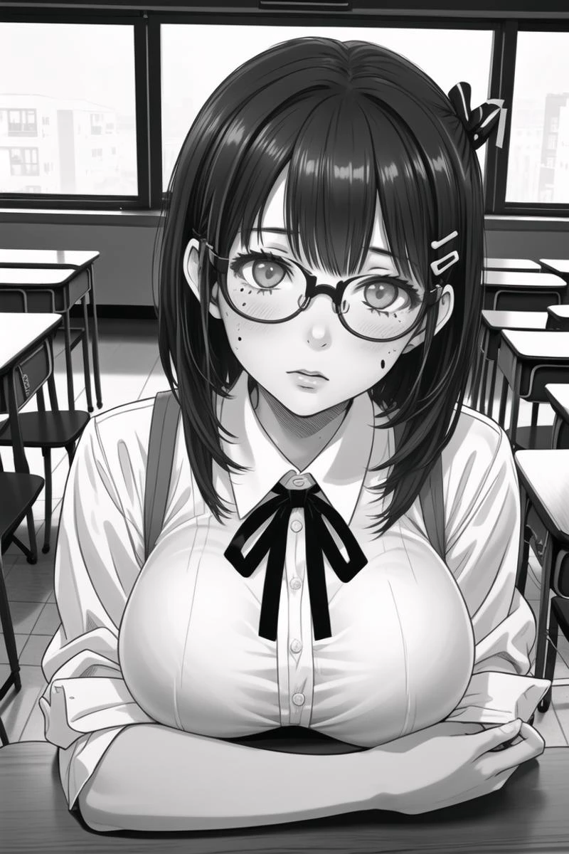 1girl, monochrome, breasts, greyscale, glasses, school uniform, hair ornament, medium hair, hairclip, breast rest, looking at viewer, chinese text, ribbon, shirt, classroom, huge breasts, desk, mole, large breasts, pov, neck ribbon, school desk, speech bubble
