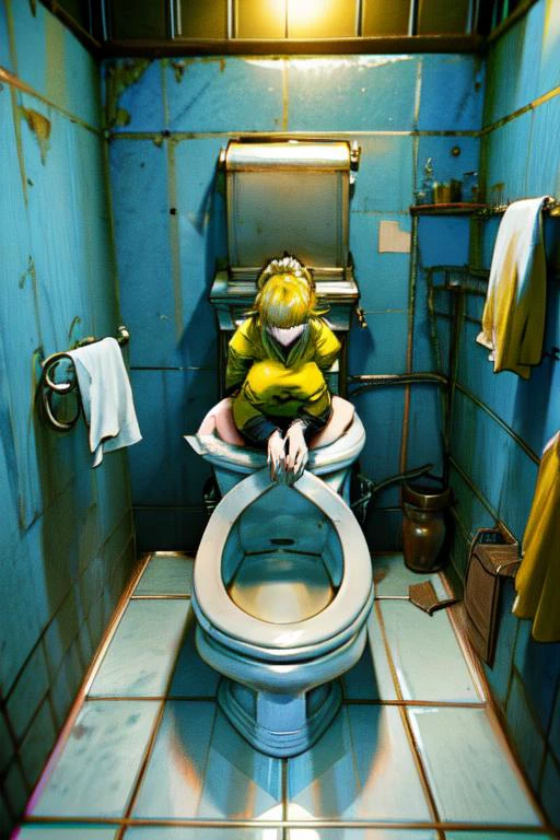 (otherworldly), highly insanely detailed, masterpiece, top quality, best quality, highres, 4k, 8k, RAW photo, (very aesthetic, beautiful and aesthetic), <lora:Life on the toilet:0.3>, newspaper, yellow cat, toilet use, squat toilet, toilet, (fantasy world)