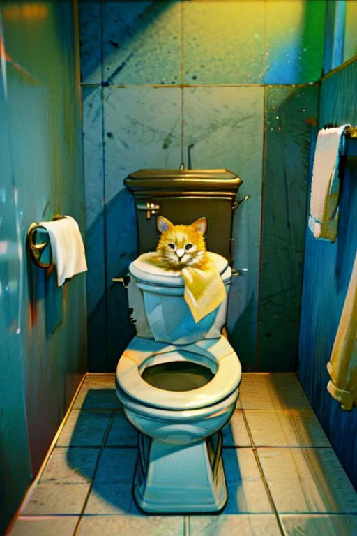 (otherworldly), highly insanely detailed, masterpiece, top quality, best quality, highres, 4k, 8k, RAW photo, (very aesthetic, beautiful and aesthetic), <lora:Life on the toilet:0.7>, newspaper, yellow cat, toilet use, squat toilet, toilet, (fantasy world)