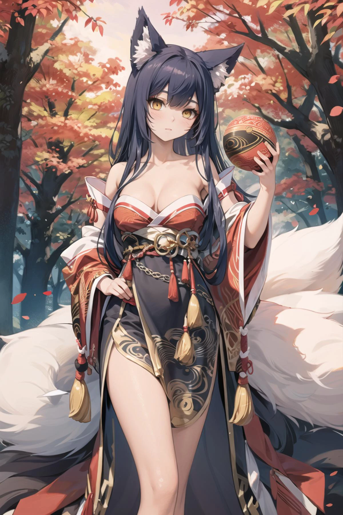 masterpiece,best quality,<lora:ahri_Cosplay_V1:0.75>,Ahri_Cosplay,White Tails,Black long hair,yellow eyes,