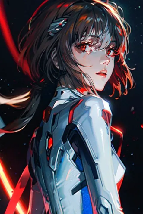 highly insanely detailed, masterpiece, top quality, best quality, highres, 4k, 8k, RAW photo, (very aesthetic, beautiful and aesthetic), 1girl, brown eyes, looking at viewer, parted lips, 
upper body, 
expressionless, 
long_hair, starry_sky, bodysuit, ayanami_rei, solo, night_sky, red_eyes, breasts, white_bodysuit, pilot_suit, bangs, light_particles, interface_headset, 
<lora:Hamabe Minami_v10:0.7>