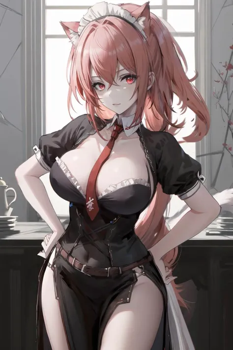 (masterpiece),best quality,<lora:Flay-000001:0.75>,Flay, 1girl, animal ears, breasts, red eyes, red hair, solo, long hair, maid headdress, cleavage, large breasts, tail, necktie, looking at viewer, hand on hip, short sleeves, maid