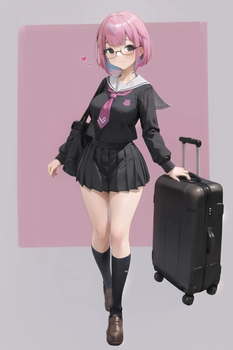 (masterpiece),best quality,1girl, solo, skirt, school uniform, glasses, multicolored hair, loafers, shoes, black hair, socks, two-tone hair, full body, brown footwear, kneehighs, pleated skirt, black socks, looking at viewer, pink hair, standing, long sleeves, miniskirt, black skirt, sweater vest, serafuku, short hair, bangs, necktie, closed mouth, breasts, white shirt, sailor collar, shirt, black eyes