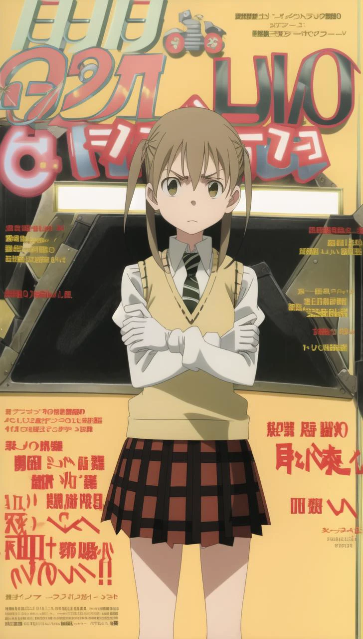 <lora:MakaAlbarn-20:1>, 1,girl, MakaAlbarn , plaid skirt, striped necktie, twintails, gloves, sweater vest, light brown hair, serious, crossed arms, magazine cover, <lora:Magazine-10:1>