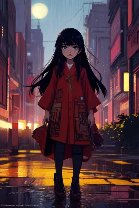 1girl, ilya kuvshinov, john singer sargent, anime illustration of a japanese girl with long hair and bangs wearing a red shirt standing in the rain at night by greg rutkowski!, anime key visual, pixiv top GTA cover art, trending on Artstation, cinematic, danbooru, zerochan art!!!, intricate, fine detail!!, golden ratio!! minimalism!!, flat colors! cell shaded! 4K drawing!!, smooth, sharp focus, <lora:lcm-lora-sdv1-5:0.7>