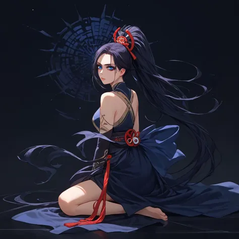 score_9, score_8_up, score_7_up, source_anime, full body image, 1girl, female, 2d, Pale Skin, Blue-Black Hair, Long Hair, Ponytail Hairstyle, Dark Eyeshadow, Dark Under Eyeshadow, Dark Eyeliner, Blue Eye Color, Shinobi, Seductive Stance, Black Background