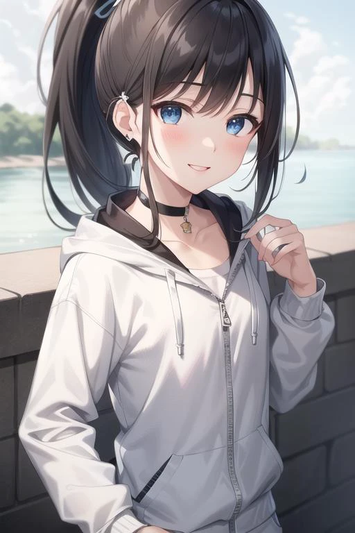 (masterpiece:1.3),(best quality:1.4),ultra high res,(detailed eyes),(detailed facial features),(detailed clothes features),HDR,8k resolution, solo focus, bangs, skin tight, (shiny skin),(slender girl),dreamlike,
(extreme detailed illustration),check commentary,commentary request,scenery,no text,
1boy, solo,female face , <lora:VirtualGirl-Ren:0.3>,VirtualGirl-Ren, flat-chested,male chest, bangs, ponytail hair, black hair, blue eyes, hair pin,black choker,
long gray scarf, white windbreaker, white sweater, brown trousers,
(smile), blush,bashfully,cute,