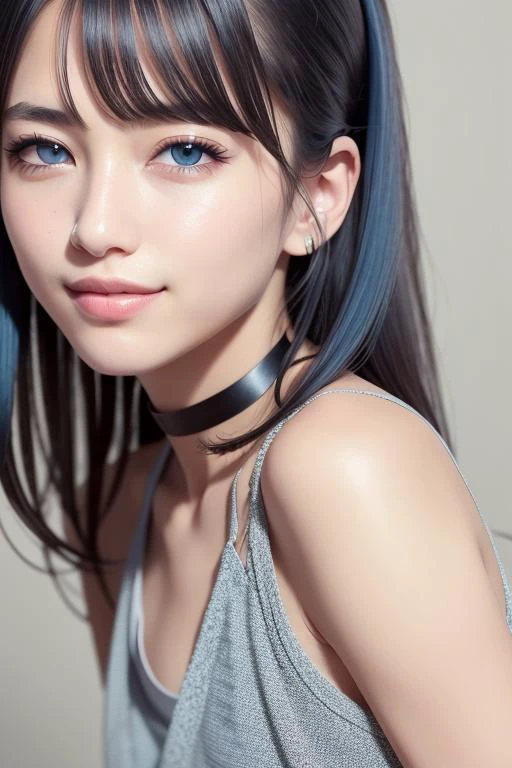 (RAW photo:1.2),(photorealistic:1.4),(masterpiece:1.3),(best quality:1.4),ultra high res,
solo focus,dreamlike,
(detailed eyes),(detailed facial features),
skin tight, (shiny skin),(slender girl),(slim girl),(beautiful face),smooth abdomen,barefoot,
1boy, female face , <lora:VirtualGirl-Ren:0.3>,VirtualGirl-Ren, ((flat-chested,male chest)), bangs, ponytail hair, black hair, blue eyes, hair pin,black choker,
blue unisex clothing,
(smile), blush,bashfully,cute,