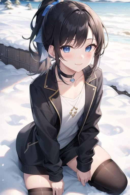 (masterpiece:1.3),(best quality:1.4),ultra high res,(detailed eyes),(detailed facial features),(detailed clothes features),HDR,8k resolution, solo focus, bangs, skin tight, (shiny skin),(slender girl),dreamlike,
(extreme detailed illustration),check commentary,commentary request,scenery,no text,
1boy, female face , <lora:VirtualGirl-Ren:0.3>,VirtualGirl-Ren, flat-chested,male chest, bangs, ponytail hair, black hair, blue eyes, hair pin,black choker,
blue cotton coat, white sweater, snow boot,
(smile), blush,bashfully,cute,