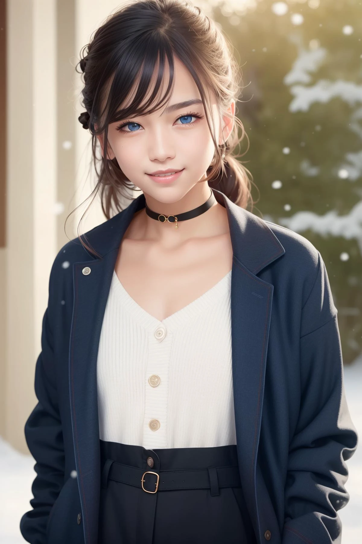 (RAW photo:1.2),(photorealistic:1.4),(masterpiece:1.3),(best quality:1.4),ultra high res,
solo focus,dreamlike,
(detailed eyes),(detailed facial features),
skin tight, (shiny skin),(slender girl),(slim girl),(beautiful face),smooth abdomen,barefoot,
1boy, female face , <lora:VirtualGirl-Ren:0.3>,VirtualGirl-Ren, (flat-chested,male chest), bangs, ponytail hair, black hair, blue eyes, hair pin,black choker,
blue cotton coat, white sweater, snow boot,
(smile), blush,bashfully,cute,