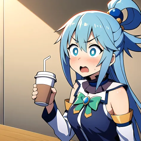 (masterpiece, best quality, absurdres, highres:1.2), 1girl,solo,scared,panicking,constricted pupils,wide-eyed,<lora:aqua_(konosuba)_v1:0.75>,aaaqua,long hair,blue hair,hair rings,hair ornament,choker,bare shoulders,green bow,blue shirt,detached sleeves,blue skirt,thighhighs, BREAK <lora:spitTake:0.6>,drinking,from side,holding cup,