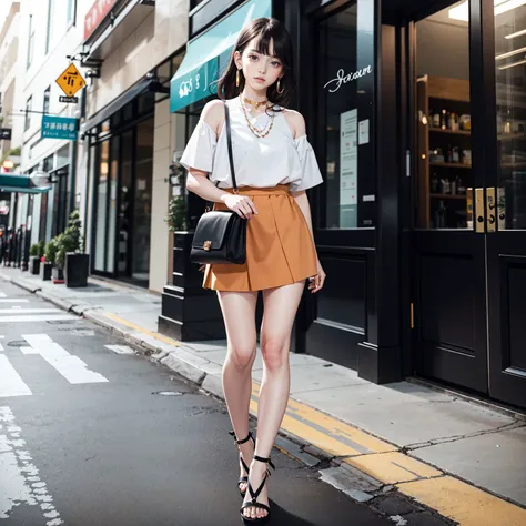 1 girl,masterpiece,hires,full body shot,Չ /TX \ǥt Ɉ,, Coral_wrap_mini_skirt, white_block_heels, turquoise_beaded_choker_necklace, gold_hoop_earrings, woven_circle_crossbody_bag, ,ǥ/  