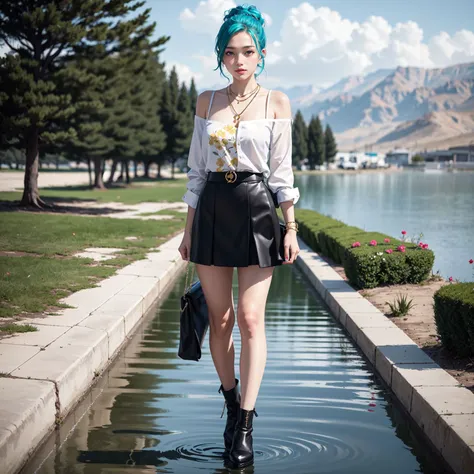 full body shot,open shirt,open skirt,1 girl,masterpiece,hires,Soft rain,, Yellow_floral_blouse, black_leather_mini_skirt, black_ankle_boots, gold_chain_necklace, small_black_shoulder_bag,,The Dead Sea,Top knot hair,Aqua blue hair