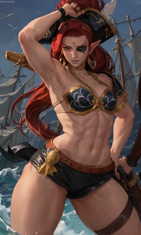 urbosa wearing a pirate  costume, leather bustier, white shirt, pirate hat with feather, action pose, flintlock pistol, eyepatch,  <lora:urbosa-128-32:0.9> art by <lora:robuttsStyleLora1MB_robuttsv1:0.6> robutts