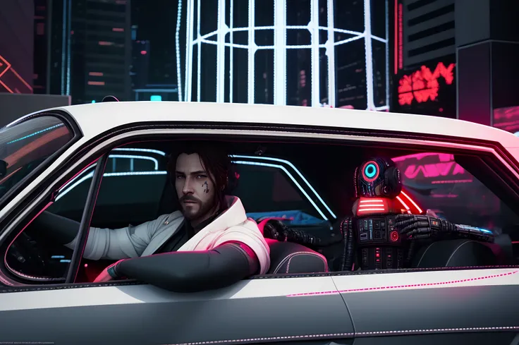 (a tough looking white man driving a futuristic car through a cyberpunk city, a robot at the backseat:1.4), Digital art, glow effects, hand drawn, render, 8k, octane redner, cinema 4d, blender, dark, atmospheric 4k ultra detailed, cimematic sensual, sharp focus, humorous illustration, big depth of field, masterpiece, colors, 3d octane render, 4k, concept art, trending on artstation, hyperrealistic, vivid colors, modelshoot styple, (extremely detailed CG unity 8k wallpaper), professional majestic oil painting by Ed blinkey, Atey Ghailian, Studio Ghibli, by Jeremy Mann, Greg Manchess, Antonio Moro, trending on ArtStation, treding on CG society, intricate, High Detail, sharp focus, dramatic, photorealistic painting art by midjourney and greg rutkowski