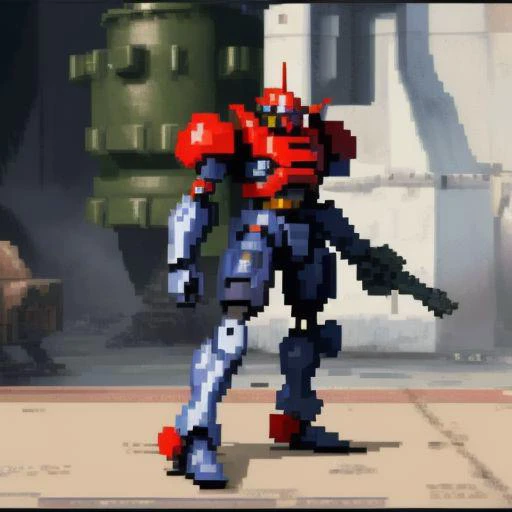 absurdres, highres, 31bits, 32-bit, PixelArt, pixel, side view, mech, mecha, large militaryrobot, ZeonMS1:0.1 full body, holding machine gun, background, green