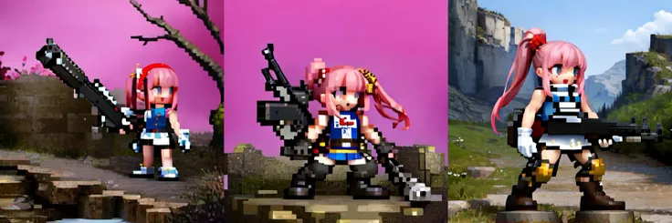 (otherworldly), highly insanely detailed, masterpiece, top quality, best quality, highres, 4k, 8k, RAW photo, (very aesthetic, beautiful and aesthetic), simple background, pink background, full body, solo, shirt, gloves, 1girl, standing, male focus, sleeveless, pants, vest, holding weapon, gun, holding gun, rifle, sniper rifle, MSDistinct, MetalSlugSpriteStyle, <lora:MetalSlugSpriteStyle3-32:1>, (fantasy world)