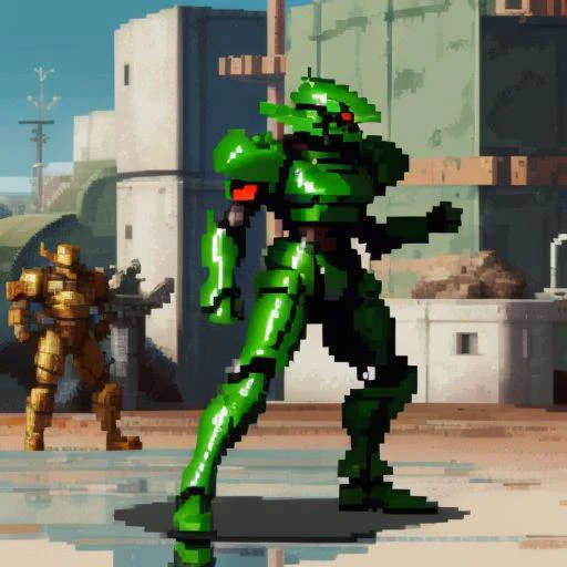 absurdres, highres, 31bits, 32-bit, PixelArt, pixel, side view, mech, mecha, giant militaryrobot, ZeonMS1:0.1 full body, giant robot, background, (((green armor))), tank tracks, tank turret