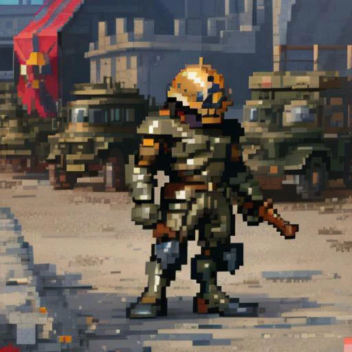 absurdres, highres, 31bits, PixelArt, pixel, side view, mecha, ZeonMS1:0.1, one-eyed, (((ww2 german helmet, ww1 german helmet))), military helmet, stahlhelm, hp bar, holding machine gun, holding axe