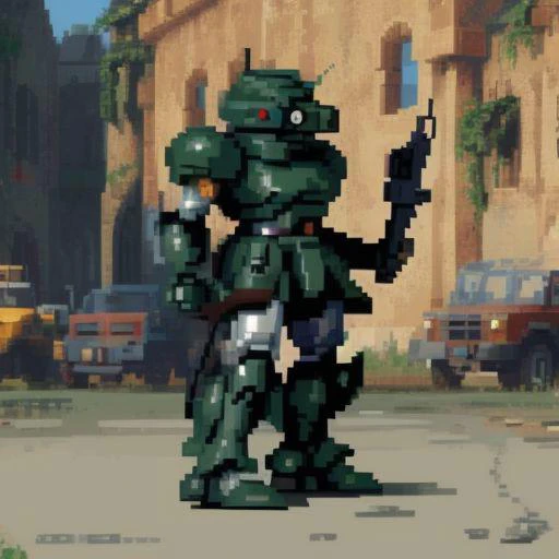 absurdres, highres, 31bits, 32-bit, PixelArt, pixel, side view, mech, mecha, giant militaryrobot, ZeonMS1:0.1 full body, giant robot, background, holding sniper rifle, armored_trooper:1.1, (dark green armor), tank tracks, (((tank turret head))), video game boss