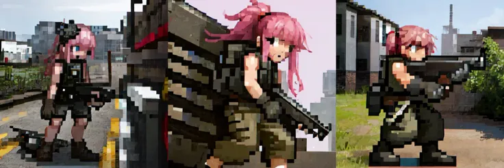 (otherworldly), highly insanely detailed, masterpiece, top quality, best quality, highres, 4k, 8k, RAW photo, (very aesthetic, beautiful and aesthetic), simple background, pink background, full body, solo, shirt, gloves, 1girl, standing, male focus, sleeveless, pants, vest, holding weapon, gun, holding gun, rifle, sniper rifle, MSDistinct, MetalSlugSpriteStyle, <lora:MetalSlugSpriteStyle3-32:1>, (fantasy world)