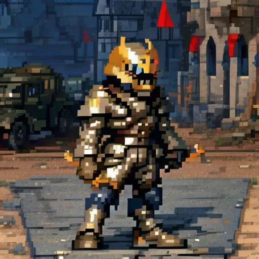 absurdres, highres, 31bits, PixelArt, pixel, side view, mecha, ZeonMS1:0.1, one-eyed, (((ww2 german helmet, ww1 german helmet))), military helmet, stahlhelm, massive helmet, hp bar, full body, holding machine gun, holding sword