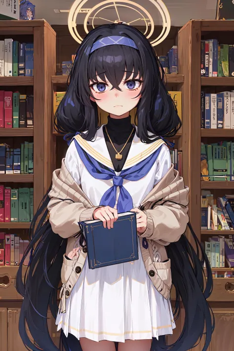 soft lightning, masterpiece, best quality, ultra-detailed, ui(blue archive), hair between eyes, black hair, hairband, quill, blue neckerchief, necklace, holding, long hair, 1girl, white serafuku, very long hair, blue eyes, school uniform, off shoulder, bookshelf, holding book, solo, neckerchief, cardigan, book, halo, skirt, serafuku, closed mouth, black undershirt, indoors, blue hairband, library, long sleeves, brown cardigan, sailor collar, white skirt, white sailor collar, bags under eyes, looking at viewer, twintails, jewelry
<lora:loLoRA_v1:0.4> <lora:ui:0.7>